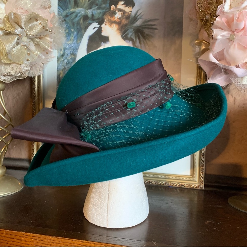 VINTAGE 1980'S MICHAEL HOWARD TEAL AND BROWN WOOL HAT - Picture 3 of 13